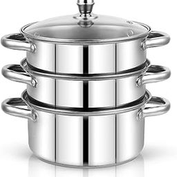 Pigeon Elantra Stainless Steel 3 Tier Steamer Pot Set with Glass Lid | Pasta Steamer Momo/Modak Maker | Vegetable Steamer | Rice Steamer (24cm)-image-6