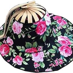 2 in 1 Bamboo Fan Foldable Sun Hat Wide Brim for Travel Beach Outdoor Sports Black Peony-image-56