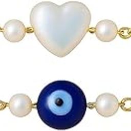 Gold Plated Pearl Rakhi Set for Brother, Traditional Heart and Evil Eye Design, 2-Piece Set-image-78