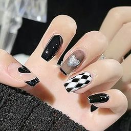 Styfy Press On | Stick On Fake Nails | Square | Artificial Designer With 24 Pcs Jelly Glue on False Nail Including Manicure Kit - Black & White Chess Board-41