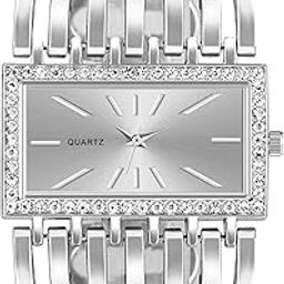 Women's Watch, Bling Bracelet Watch Lady, Rectangular Dial, Bangle Women Watch Crystal Luxury Classic Skeleton Quartz Women's Watch, Silver, Comfortable-image-36