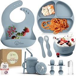 O'doe 11-Piece BPA-Free Silicone Baby Feeding Set | Thick & Soft Suction Plates, Baby Food Bowl, Wooden Fork & Spoon, and More | Make Mealtime Fun and Easy for Your Little One | Blue V1-22
