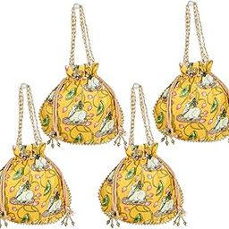 Potli|Silk Wedding Potli|Wallet Potli|Christmas Gift Potli|Baby Shower Potli|Traditional Shagun Potli|Drawstring with Beads Handle Potli|Cow-Design Patli Potli|Pack of 4|Yellow-image-20
