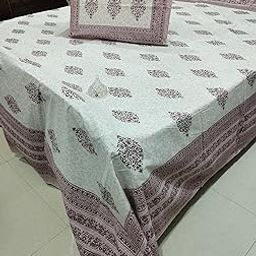 Cotton Double Bedsheet Set with 2 Pillow Covers, Super King Size 108x108 inches, Traditional Block Print Design, White and Brown-image-49