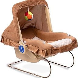 BUMTUM Baby Carry Cot & Rocking Chair with Adjustable Handle| 3-Point Safety Lap Belt | Double Cushioned Washable Seats & Large Canopy for Babies (Brown)-14