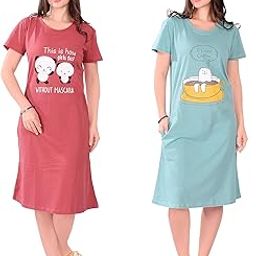 Printed Knee Length Pocket Night Dresses for Women | Cat Lover | Premium Soft Cotton Nighty | Blue and Maroon-image-63