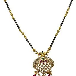 Short Mangalsutra Designs AD & Multi Stone Peacock Pendant Single Line Gold & Black Beads Chain Stylish Gold Plated Necklace Fancy Mangalsutra Maharashtrian Tanmaniya Designs For Women (18 Inches)-image-32
