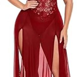 Women Lingerie Lace Babydoll High Split Maxi Long Gown V Neck Mesh Sleepwear Sexy Babydoll Lingerie Honeymoon/First Night/Anniversary Bridal Nightdress-image-91