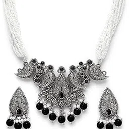 karatcart Black Beads Oxidised Silver Jaipuri Choker Necklace Set for Women-picture-33