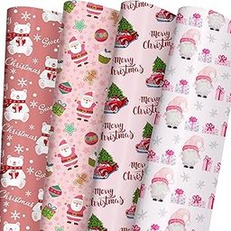 SaringSwoon Pink Christmas Wrapping Paper for Boys Girls Kids - Xmas Gift Wrap With Santa, Gnome, Rustic Red Trucks, Polar Bear on Pink Designs - 40×28 Inches, 6 Folded Sheets-image-53