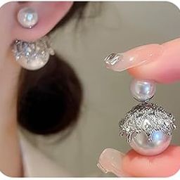 Silver Post Double Sided Pearl Rhinestone Ear Stud Earrings Crystal Twisted Stud Earrings Double Sided Ball Earrings for Women Fashion Earrings Gifts, Silver Pearl-19