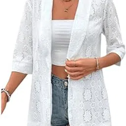 kacheeg Women’s Solid Color Lace Half-Sleeve Lapel Casual Blazer – White-picture-15