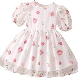 Girls Swiss Dot Floral Print Dress Sleeve Less Round Neck Elastic Waist Dress for Girls(KD-399)-image-39