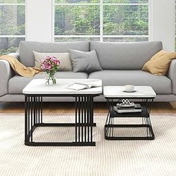 Skaffix Coffee, Nesting, Side, and Center Tables for The Living Room, Drawing Room, or Balcony with an Iron Frame and Marble MDF End Table Sofa Centre Table (Black White)-image-43