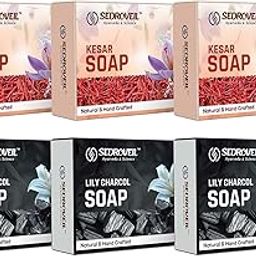 SEDROVEIL 3 pcs Kesar Soap and 3pcs Lily Charcol Soap | Natural & Handcrafted | Paraben-Free | Antibacterial & Anti-Acne | Gentle Exfoliation | For Clear & Healthy Skin | Pack of 6 x 95g Bar-55