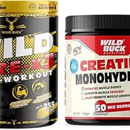 WILD BUCK Wild Pre-X3 Hardcore Pre-Workout Supplement Powder, Energy Drink Monohydrate, Men,Women [30-60 Servings, Cranberry Blast, 255G] + Reduce Fatigue, [50 Servings, Mix Berries]-image-92