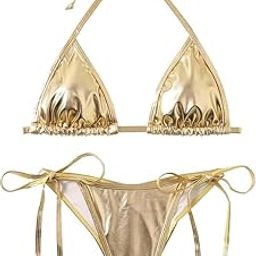 Women's Lycra Metallic Golden Bikini Set Micro Bikini Set-picture-0