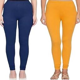 Women Mid Rise Cotton Churidar Full Length Leggings Set of 2 Color-Blue+ Yellow-image-83
