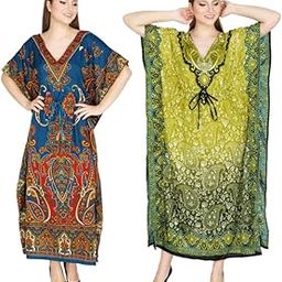 Combo Pack of 2 Women's Kaftan Dress Beach Ladies Sleepwear Night Gown Robe V-Neck Cover Up Night Wear (Multicolor, Free Size)-46