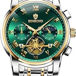 Watches for Men Chronograph Roman Numeral Big Face Dial Stainless Steel Skeleton Analog Quartz Moon Phase Business Dress Wrist Watch Waterproof Luminous-image-61