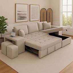 FURNY Holland 6 Seater Fabric RHS L Shape Pull Out Sofa Cum Bed with Storage & 2 Puffy for Living Room (Cream)-image-95