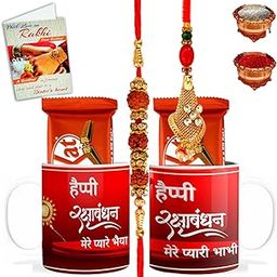 Designer Rakhi Set for Brother Bhabhi, Rakhi Set with 2 Printed Coffee Mugs - Rakhi Gift Sets for Brother & Bhabhi with Chocolate, Coffee Mugs, Greetings Card & Roli Chawal-BCRakhi-L-03_D-14_Mug-BB-image-74