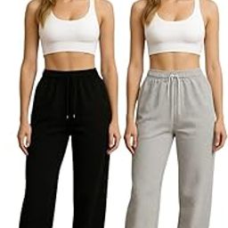 Women's Casual Sweatpants, Drawstring Waist, Wide Leg Style, Black and Grey, 2- Combo Pack-image-79