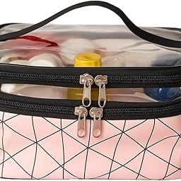 Double Layer Travel Toiletry Bag with Handle – Waterproof Makeup Organizer Case with Clear Top – Portable Cosmetic Storage for Women – Pink Geometric Design-image-96