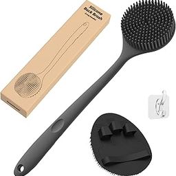 Silicone Back Scrubber(Thick Bristles) & Soft Bath Glove Set, Super-Exfoliating Body Scrubber & Super-Lathering Shower Body Brush Combination, With A Free Hook.(Black)-41