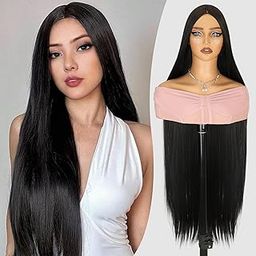 Creamily 40" Long Black Straight Full Head Hair Wig for Women | Heat-Resistant Synthetic Hair Wigs for Women | No-Bang Wig for Women Ideal for Indian Weddings/Festivals/Daily Use (Black, 40 inch)-image-42