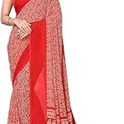 yashika Women's Trendy Printed Georgette Red Color Saree with Blouse Material-picture-4