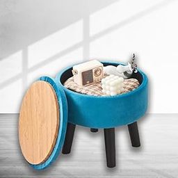 Harfi Works Ottoman Footstool for Living Room | Round Padded Velvet Pouffe with Wooden Legs | Soft Foot Rest, Accent Stool, Side Table, Extra Seating for Bedroom, Entryway (Blue)-image-40