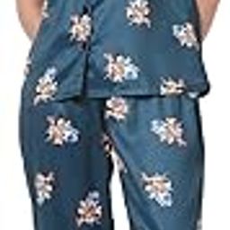 Women's Silk Satin Teal Blue flinstone Print Shawl Collar Night Suit.-image-43