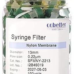 COBETTER 100 Pack Syringe Filter Nylon Lab Filters 0.22μm Pore Size 13mm Diameter Hydrophilic Filtration Non-sterile Green-image-62