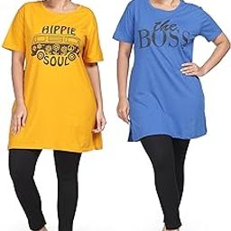 Hosiery Cotton Long T-Shirt | Night Gown | Combo Plus Size Tunics Comes with Attractive Graphic Print & Pocket on The Right Side (9SLT-Combo)-image-29