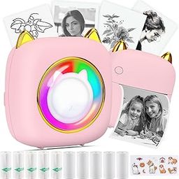 HuiJuKeJi Mini Printer, Mini Photo Printer for Smartphone, Portable Printer with 7 Colours LED, Wireless Bluetooth Thermal Printer for Sticker Journal, Travel Logo, Notes, Journal, List, Memo-1
