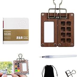RAMONI 5 pcs Water Color Paint Set, 8 Grids Wooden Travel Paint Palette, Mini Canvas and Easel Watercolour Sketchbook Painting Kit with 1 Painting Pen Craft Oil Acrylic Drawing Artist-picture-1