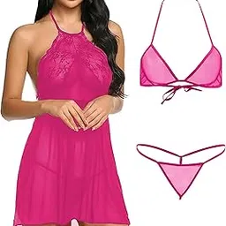 xs and os Women lace Babydoll Lingerie with Halter Neck Bra Panty Lingerie Set-picture-8