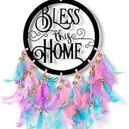 ILU Metal Dream Catcher Bless This Home, Wall Hangings, Nursery, Crafts, Home Décor, Office, Handmade For Bedroom, Balcony, Garden, Party, Café, Decoration, Wedding, Decorative, Pastel Multi Feathers-image-10