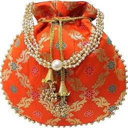 Silk Brocade Potli Bag Purse Drawstring Women's handbag with Pearl Handle & Tassel Weddings-3