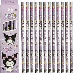 SHAKTISM Set of 12 Cute Cartoon HB Pencils - 0.5mm Graphite, Wood-C Composite, Ideal for Writing & Drawing - Student-Friendly School Supplies (Kuromi Purple)-image-43
