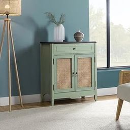 TGF Furniture Store Farmhouse Storage Cabinet – White Body with Black Top, Natural Cane Doors, and 1 Drawer – Living Room Accent Chest-image-90