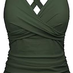 Underwire Tankini Swimsuits for Women Twist V Neck Big Bust Ruched Tummy Control Top, Army Green, 14-image-73