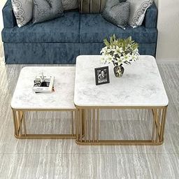 Seyroak Iron Handmade Modern Marble Finish Coffee Table Set of 2 – Stacking Tea Tables with Metal Frame for Living Room, Bedroom, and Lounge (Golden & White)-image-9
