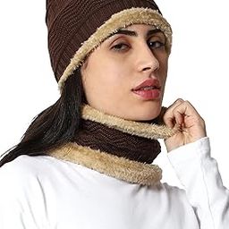 Snow Proof Inside Fur Acro Wool Unisex Beanie Cap with Neck Warmer Set Knit Hat Thick Fleece Lined Winter Cap for Men & Women-image-86
