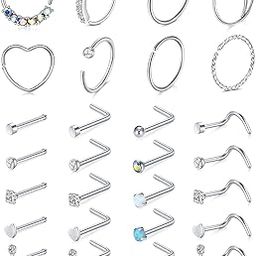 20g Stainless Steel Nose Rings Hoop L Shape Nose Studs Nose Screw Bone Silver Rose Gold Black Rainbow Pack for Women Men 28Pcs-picture-27