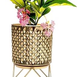 DECOBAY Indoor Planter Tumbler Shape Electroplated Hammered Gold Dimond Design with Stand 14 cm | Planters for Living Room Decor | Decorative Planter Pot-image-89