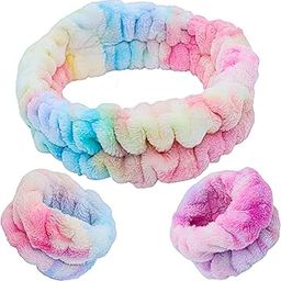 FROG SAC Tie Dye Spa Headband For Washing Face And Matching Wristbands, Teen Girls Fuzzy Skincare Headbands, Kids Soft Facial Makeup Head Band, Shower Skin Care Girl Hair Sleepover Party Supplies-14