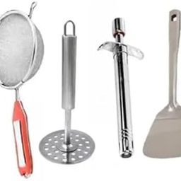 Kitchen Combo Stainless Steel Soup Strainer with Round Masher and Regular Steel Gas Lighter for Kitchen Cooking Multicolor Pack of 4 (D-F)-18