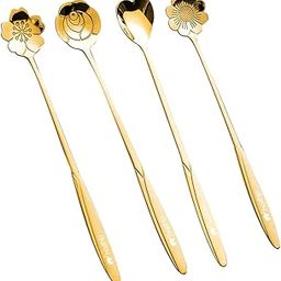 HASTHIP® Golden Spoon Set/Coffee Spoon/Dessert Spoon/Cutlery Kitchen Tableware/Stainless Steel Gold Flower Shape Coffee Spoon with Package Bag, 18cm, 4 Pcs Different Coffee Spoon-12